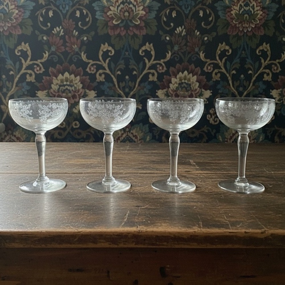 Fostoria Style Chinz Tall Sherbet Glasses, Set Of 4, Vintage Etched Stemware - Picture 1 of 11